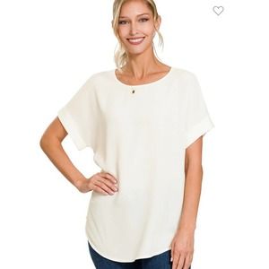 Zenana Outfitters Womens White Chiffon Cuff Sleeve Crew Neck Top  Medium